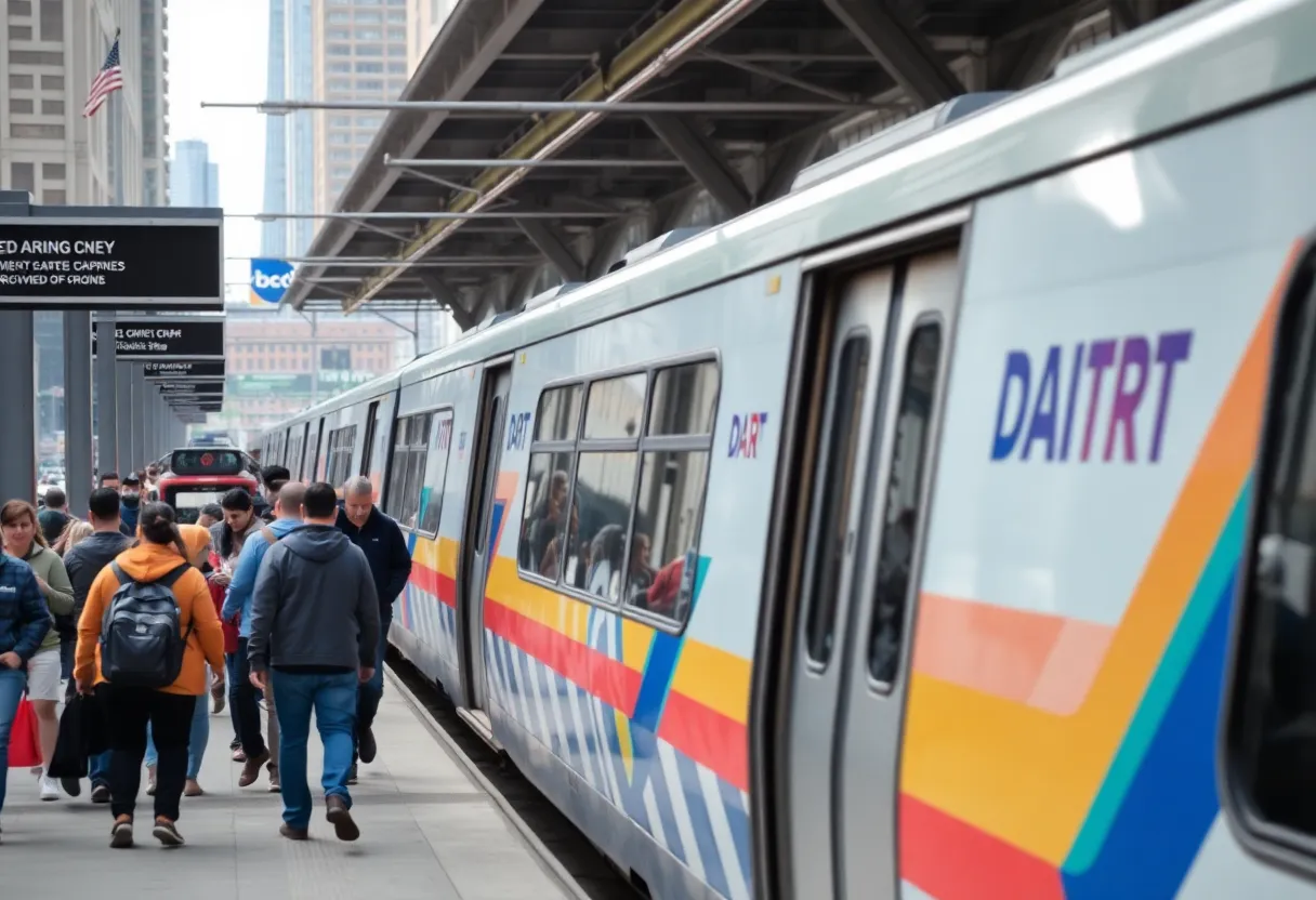 Dallas transit station with a train and commuters.