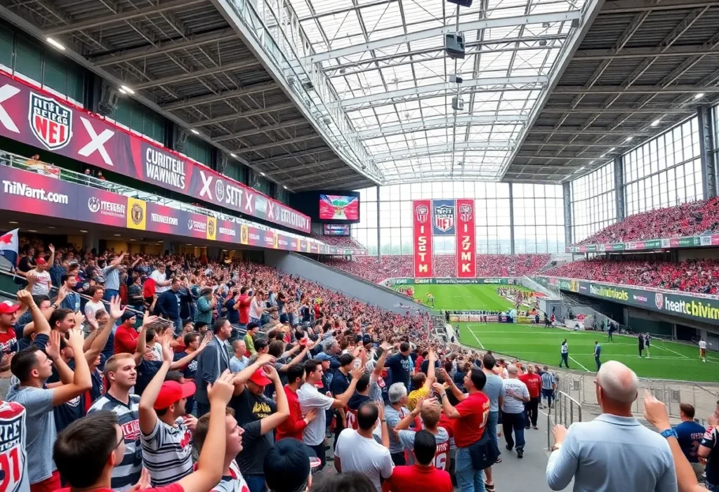 Crowds at the Dallas Pulse volleyball team launch event with banners and a modern sports venue.