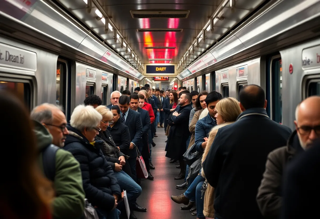 Interior view of a DART train showing passengers and a concerned atmosphere.