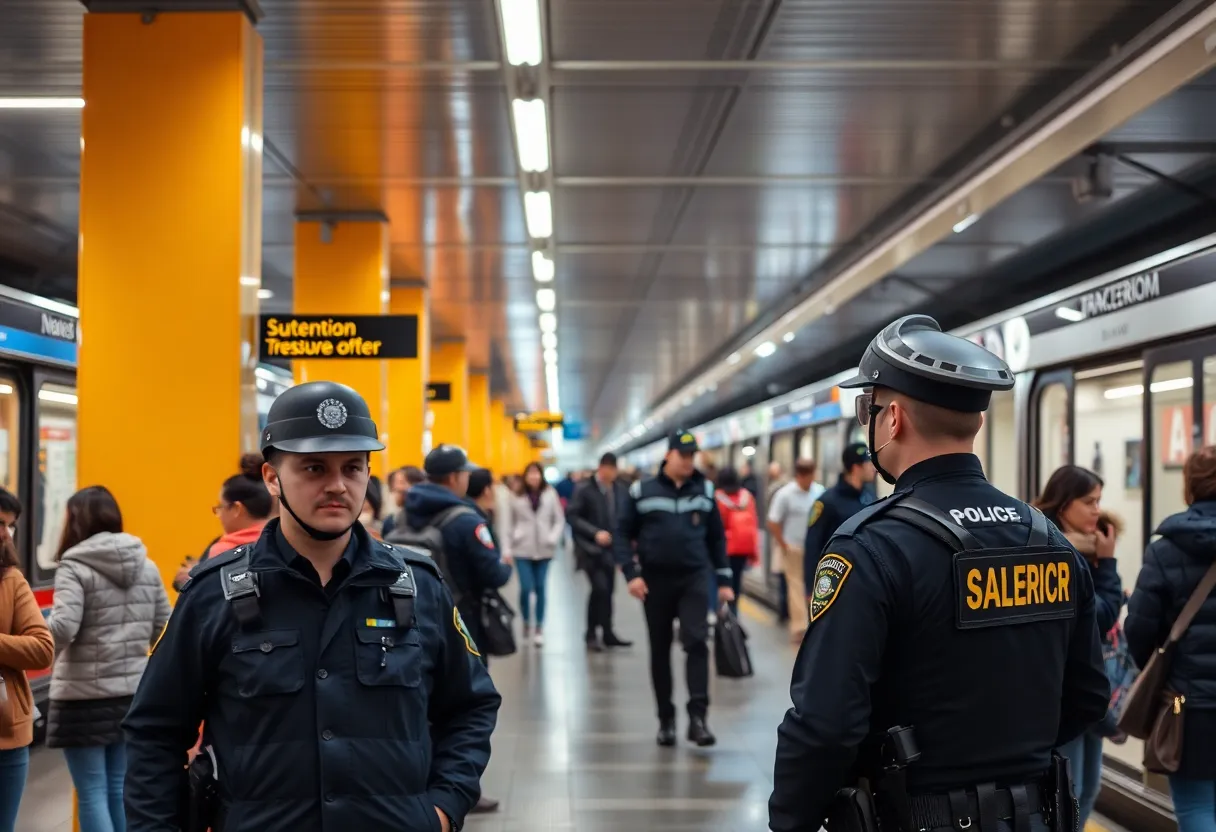 Police presence at DART transit station for safety.