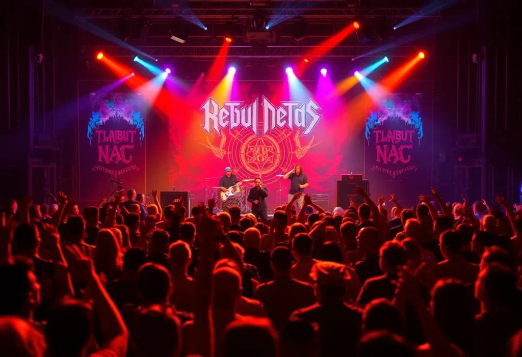 A tribute band performing on stage with a lively audience