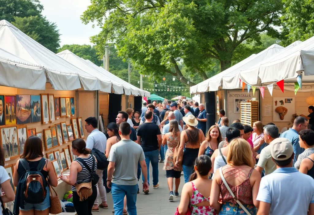 Crowds enjoying the Denton Arts & Jazz Festival with art displays and music performances.