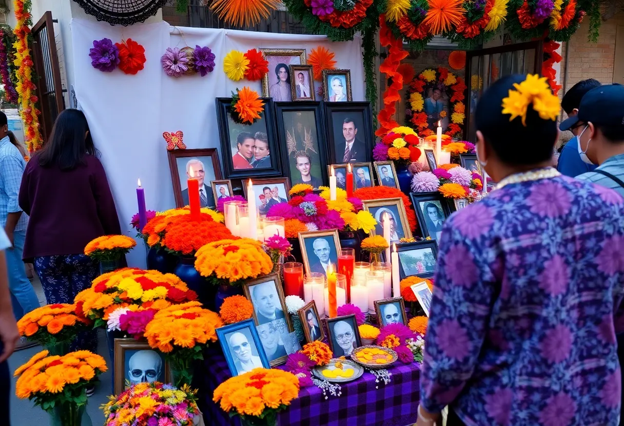 Community members celebrating Día de los Muertos with colorful altars and decorations.
