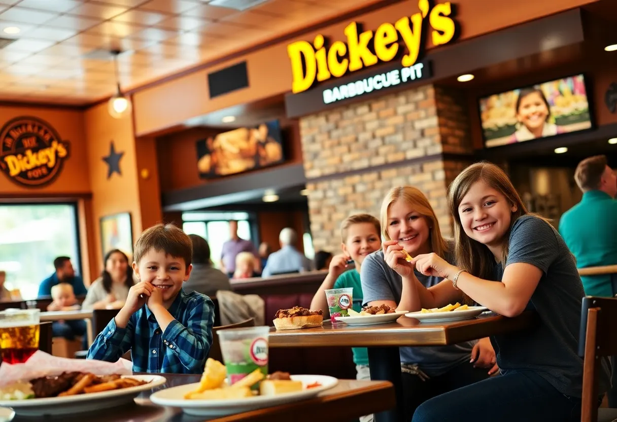 Families enjoying meals at Dickey's Barbecue Pit