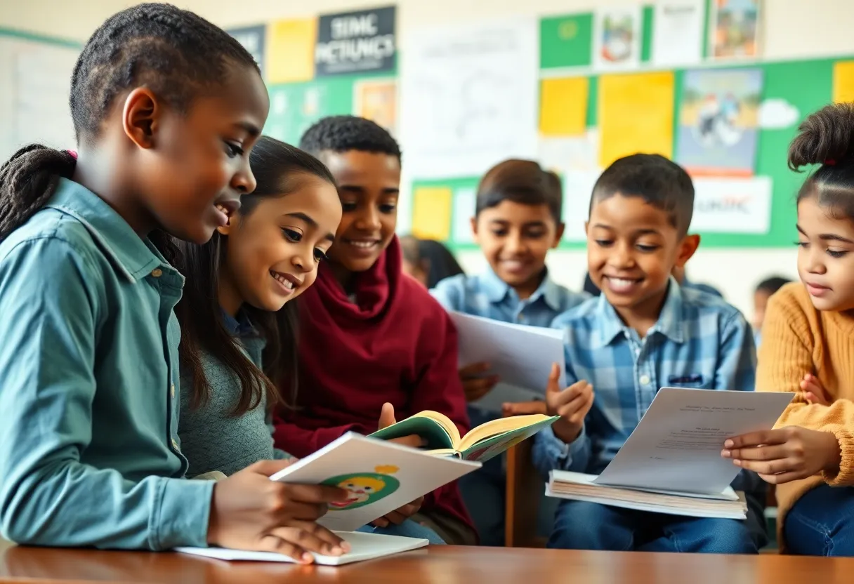 A diverse group of students engaged in learning in a classroom.