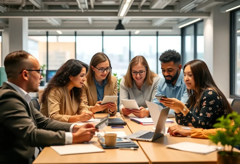 Group of diverse people learning about finance and investment technology in a modern office