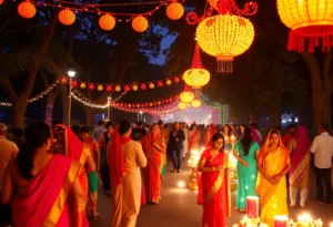 People celebrating Diwali with colorful lights and decorations