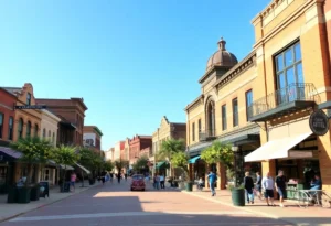 Vibrant downtown area of Grapevine, Texas with historic shops