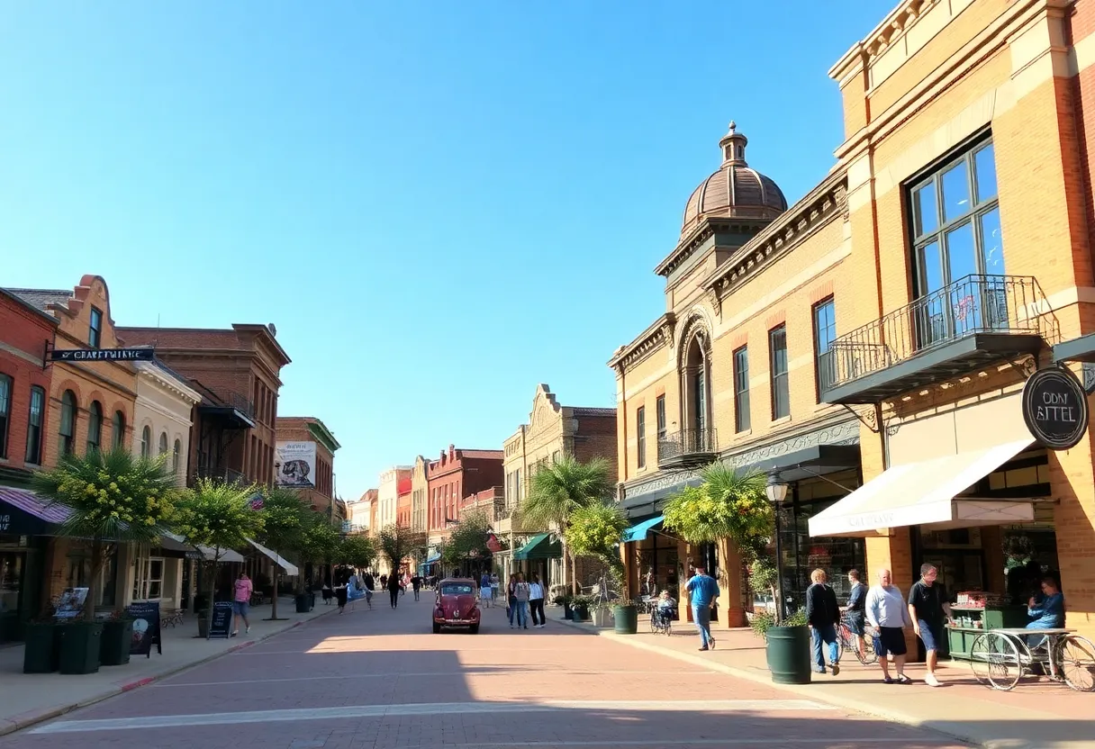 Vibrant downtown area of Grapevine, Texas with historic shops