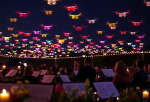 Outdoor concert with musicians and synchronized drones in the night sky