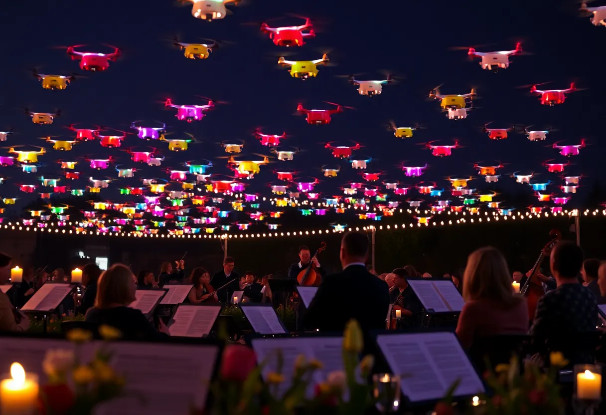Outdoor concert with musicians and synchronized drones in the night sky
