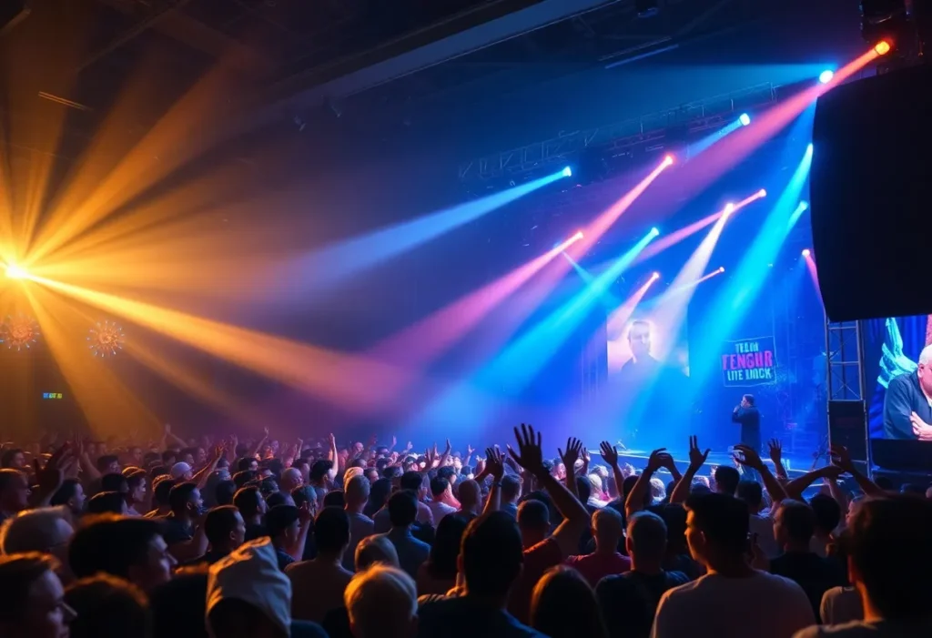 A lively crowd enjoying a Dua Lipa concert featuring bright lights and lively performance.