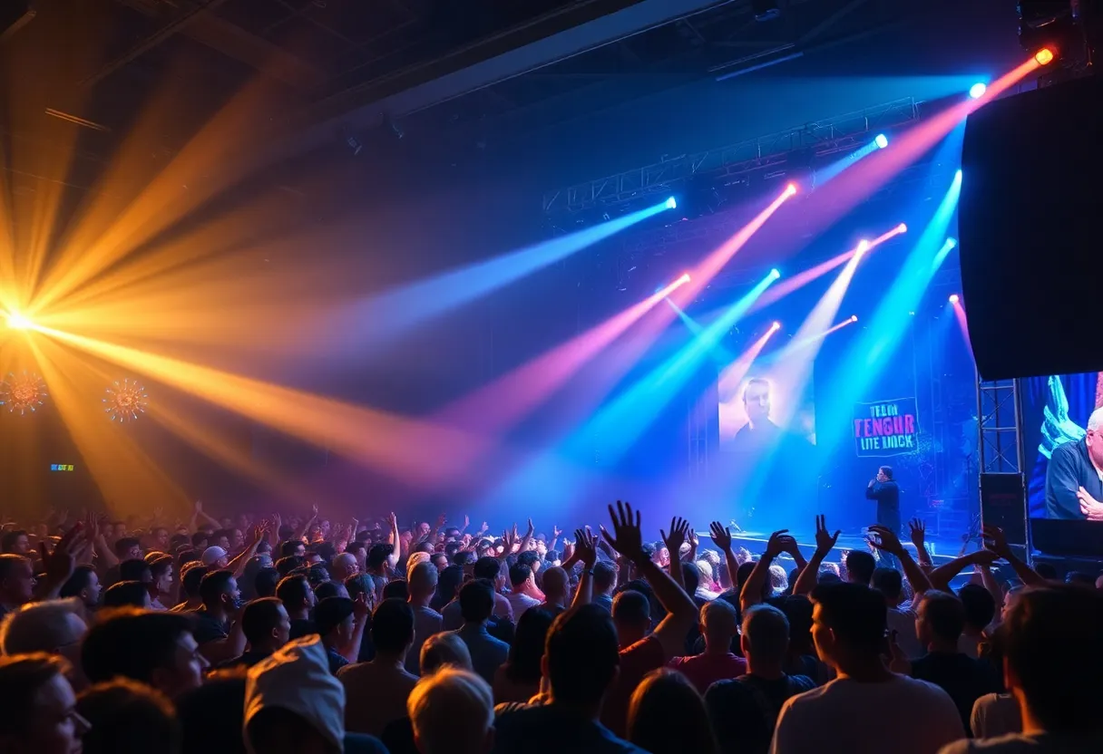 A lively crowd enjoying a Dua Lipa concert featuring bright lights and lively performance.
