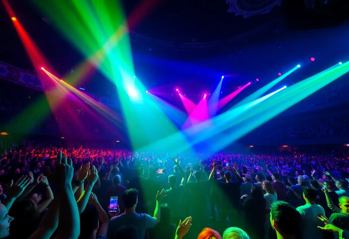 Dua Lipa performing on stage in a colorful concert with fans cheering.