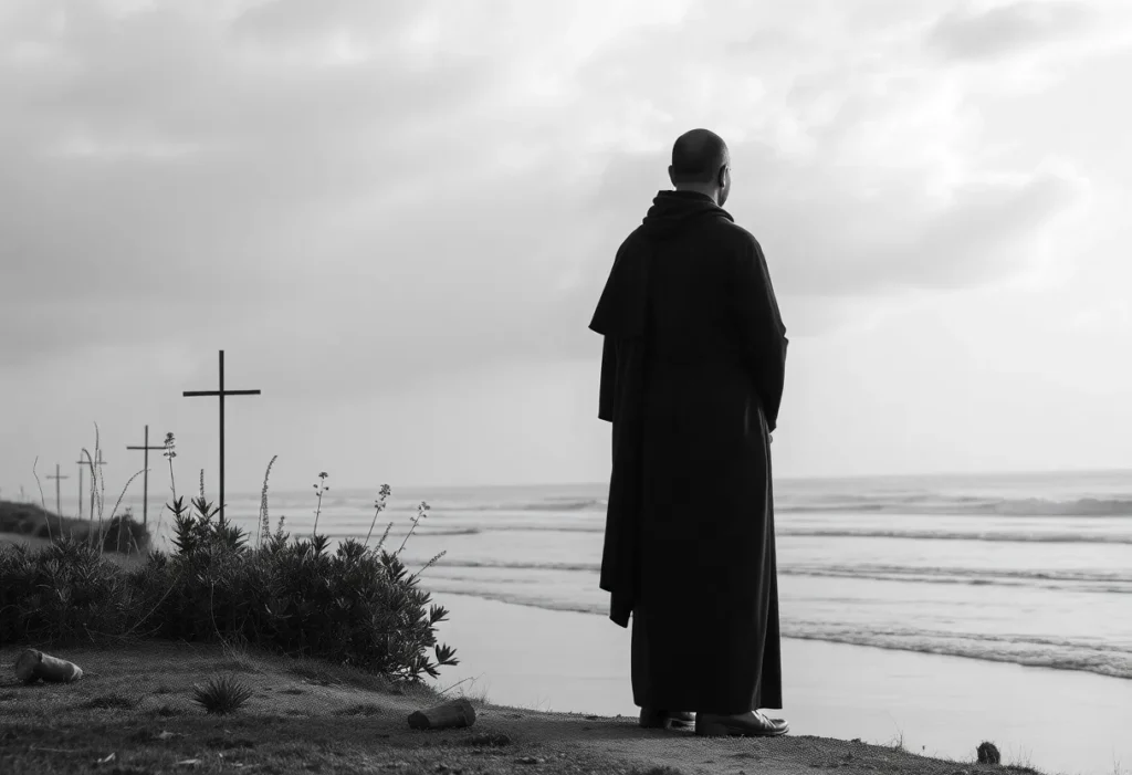 A monk gazing at the Texas coast in black-and-white imagery