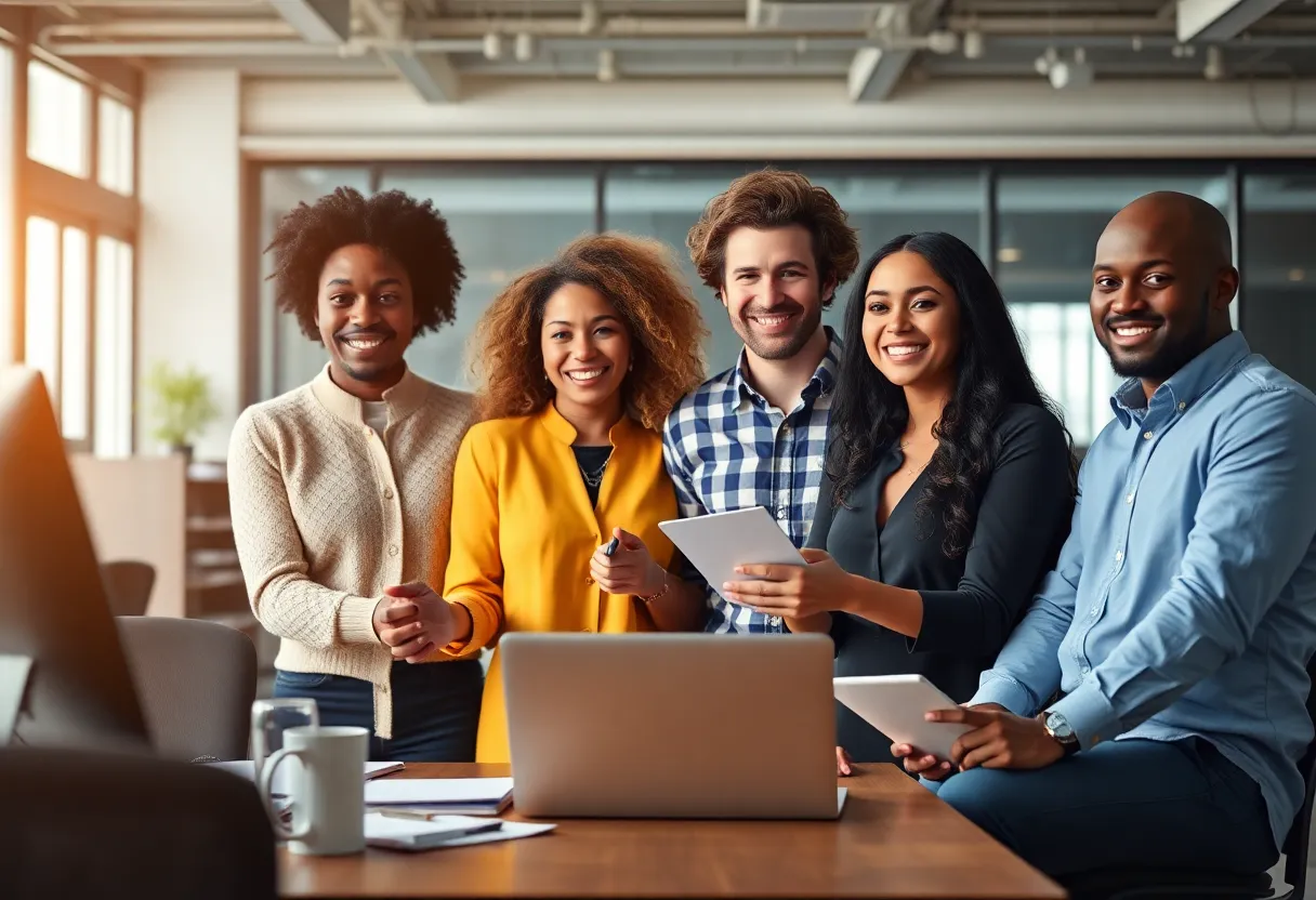Group of diverse entrepreneurs collaborating in a modern workspace.