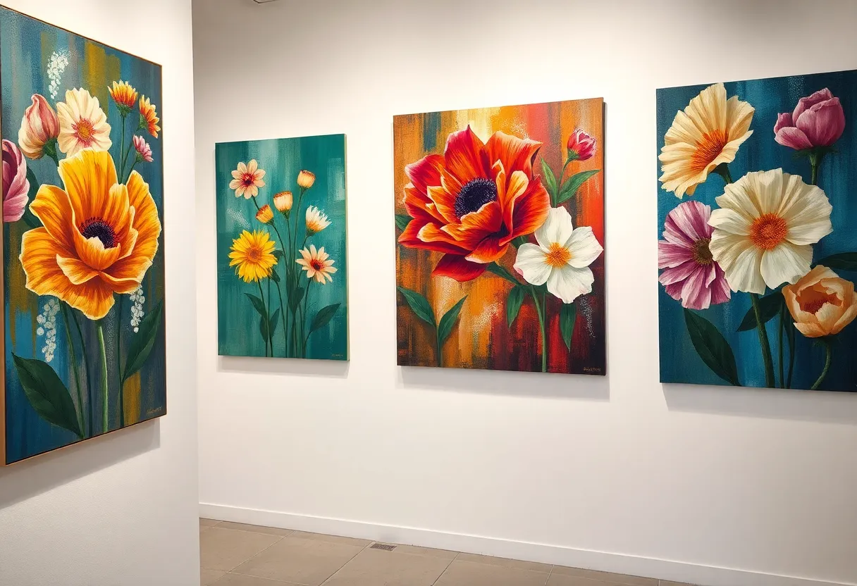 Art exhibit displaying mixed-media floral paintings