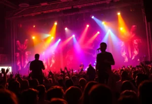 Live performance of a band celebrating their album anniversary at a concert.