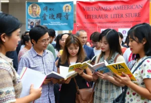 A lively scene from the Foreword Literary Festival with diverse participants and literature displays.