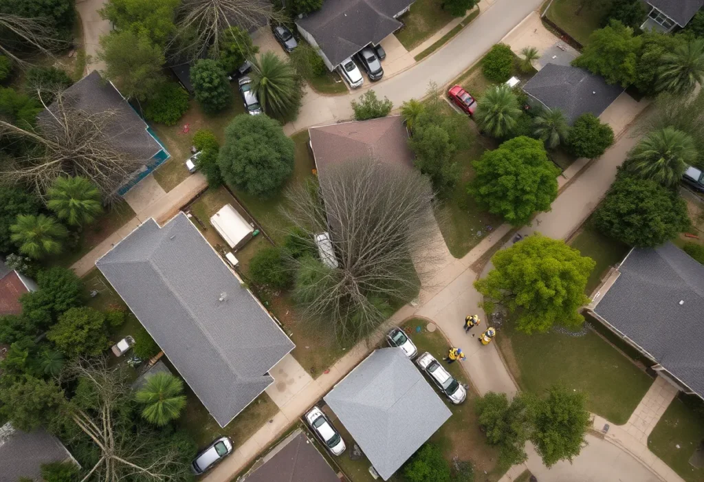 Aerial view of storm damage in a Fort Worth neighborhood