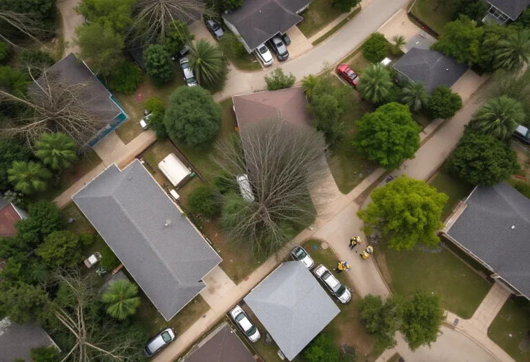 Aerial view of storm damage in a Fort Worth neighborhood