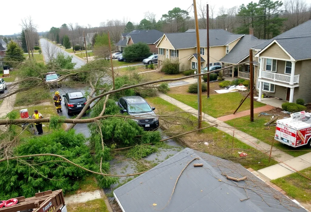 Severe storm damage in Fort Worth with fallen trees and debris