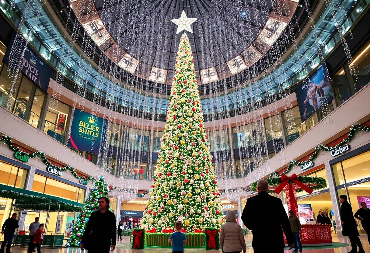 People celebrating at Galleria Dallas with Christmas decorations.