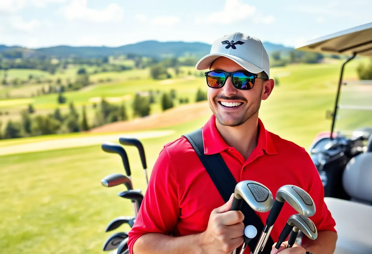 Golfers enjoying a sunny day on a golf course using rented clubs.