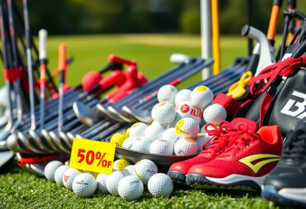 Display of discounted golf gear including clubs and shoes