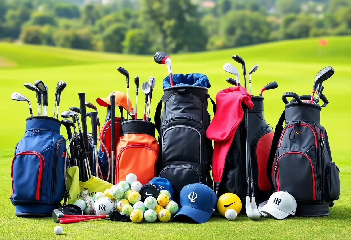 Display of golf gear including clubs, balls, and apparel on a golf course.