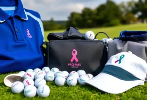 Golfers promoting prostate cancer awareness with branded merchandise