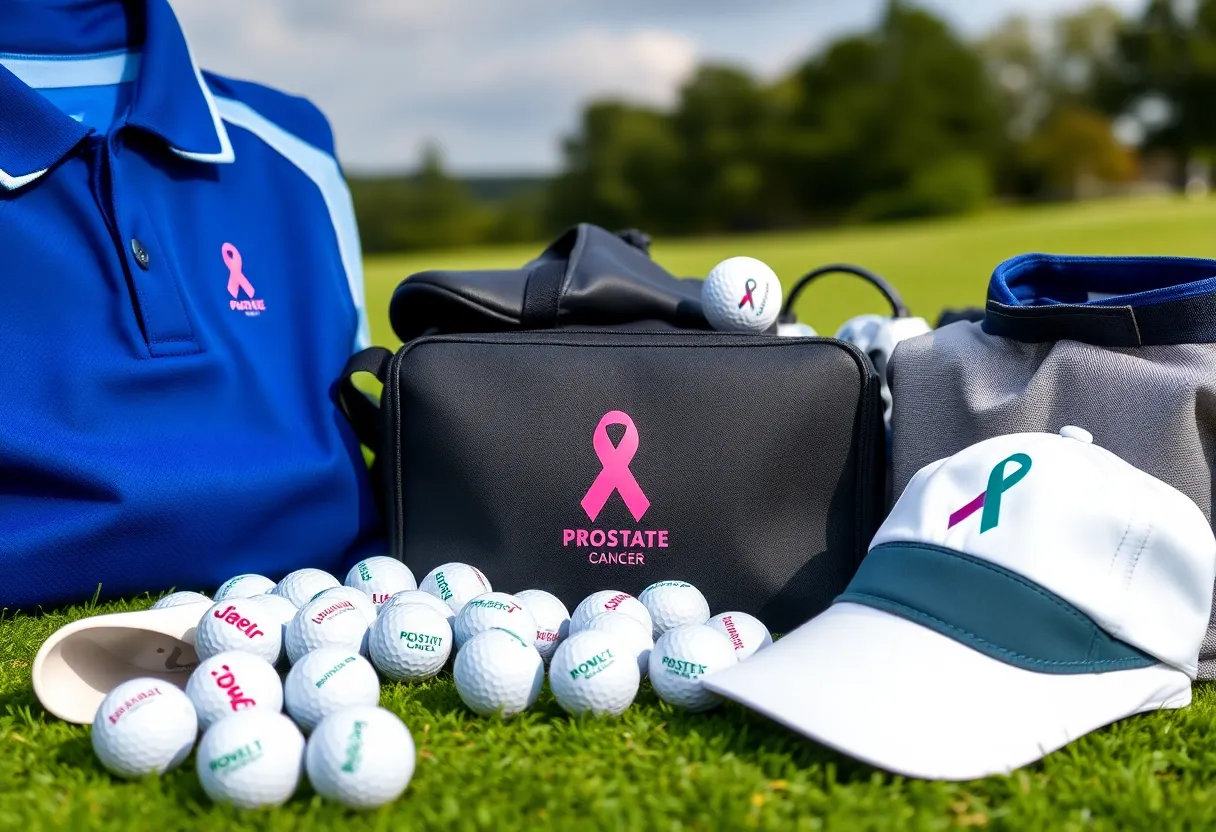 Golfers promoting prostate cancer awareness with branded merchandise