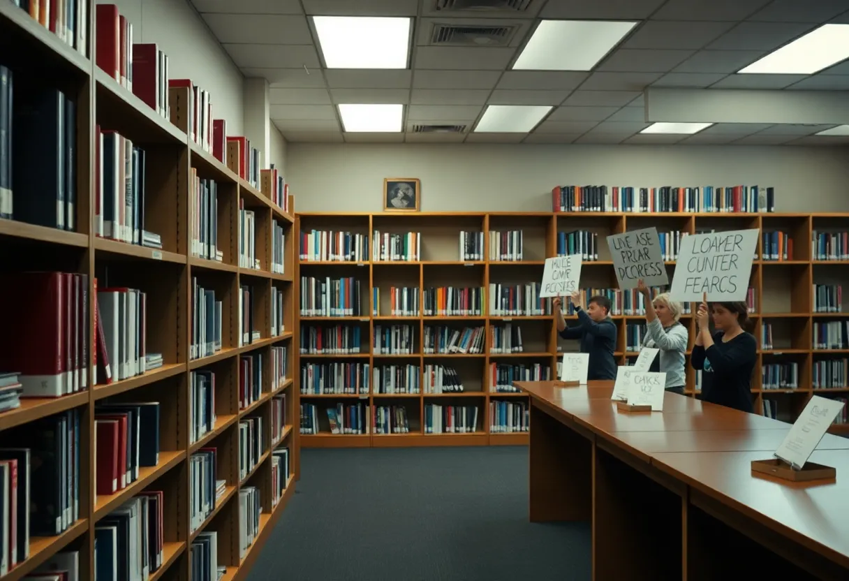 A school library with empty shelves symbolizing book censorship.