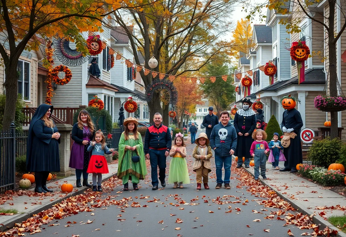 Families trick-or-treating in a decorated neighborhood