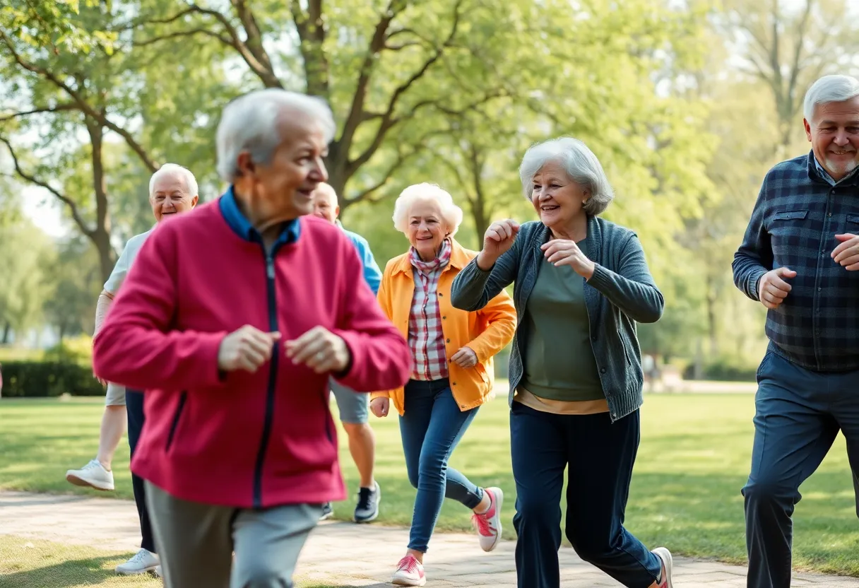 Elderly individuals exercising in a park