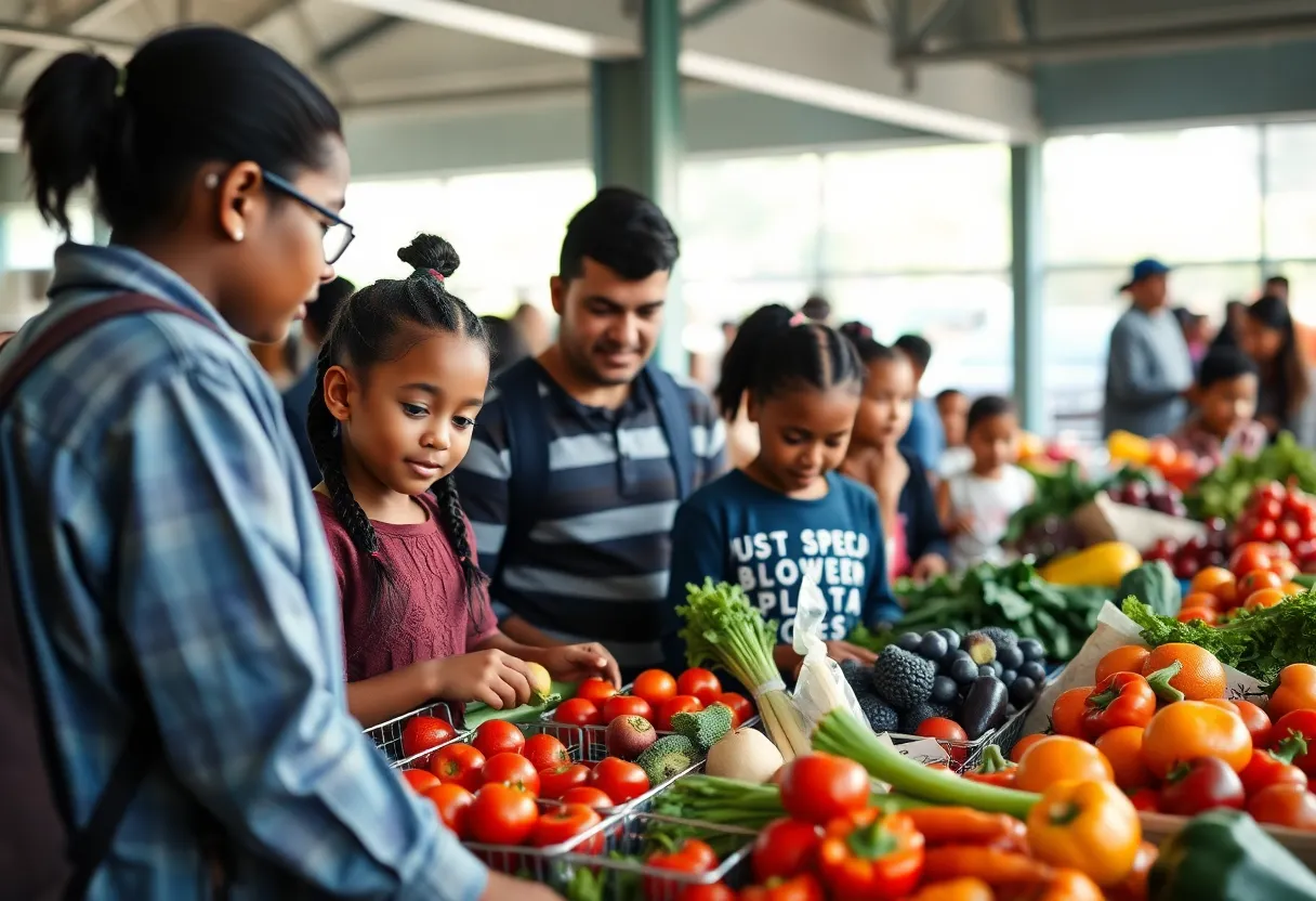 Families participating in the Healthy Hub event at Jack Lowe Sr. Elementary School, selecting fresh produce.