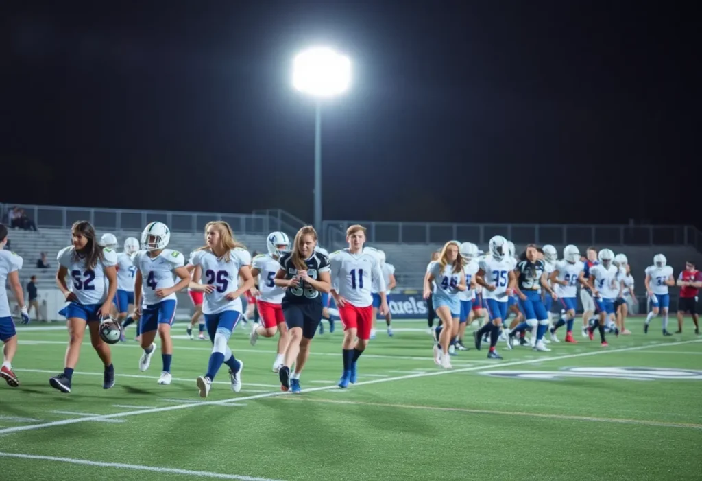 High school football players in action during a game in Dallas