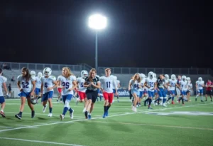 High school football players in action during a game in Dallas