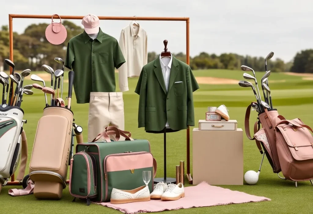 Display of luxurious golf equipment and apparel from Honma and Malbon collection