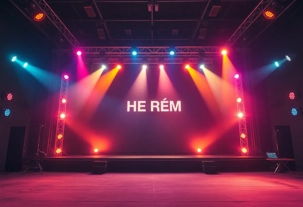 Empty concert stage with colorful lights after concert cancellation