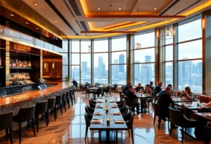 Modern steakhouse interior with brass and marble decor