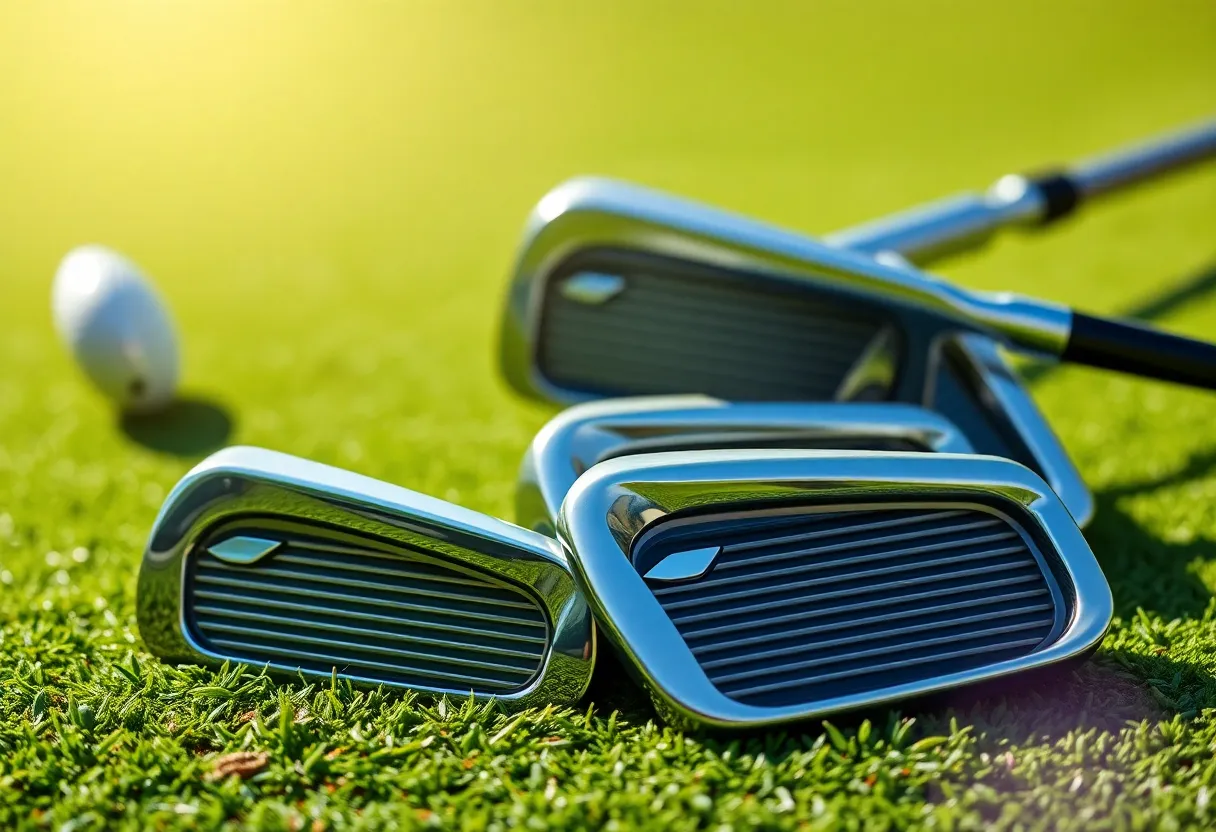 Set of KM-Baby Blades golf irons on a golf course