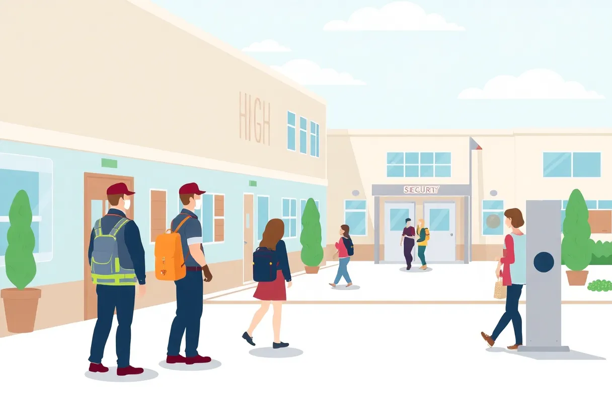 Students walking into Lake Highlands High School with security measures visible.