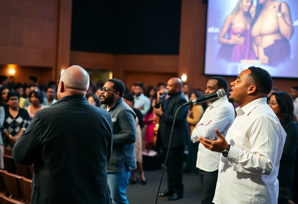 A lively concert featuring gospel musicians at a church.