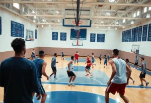 Basketball players training on court during preseason
