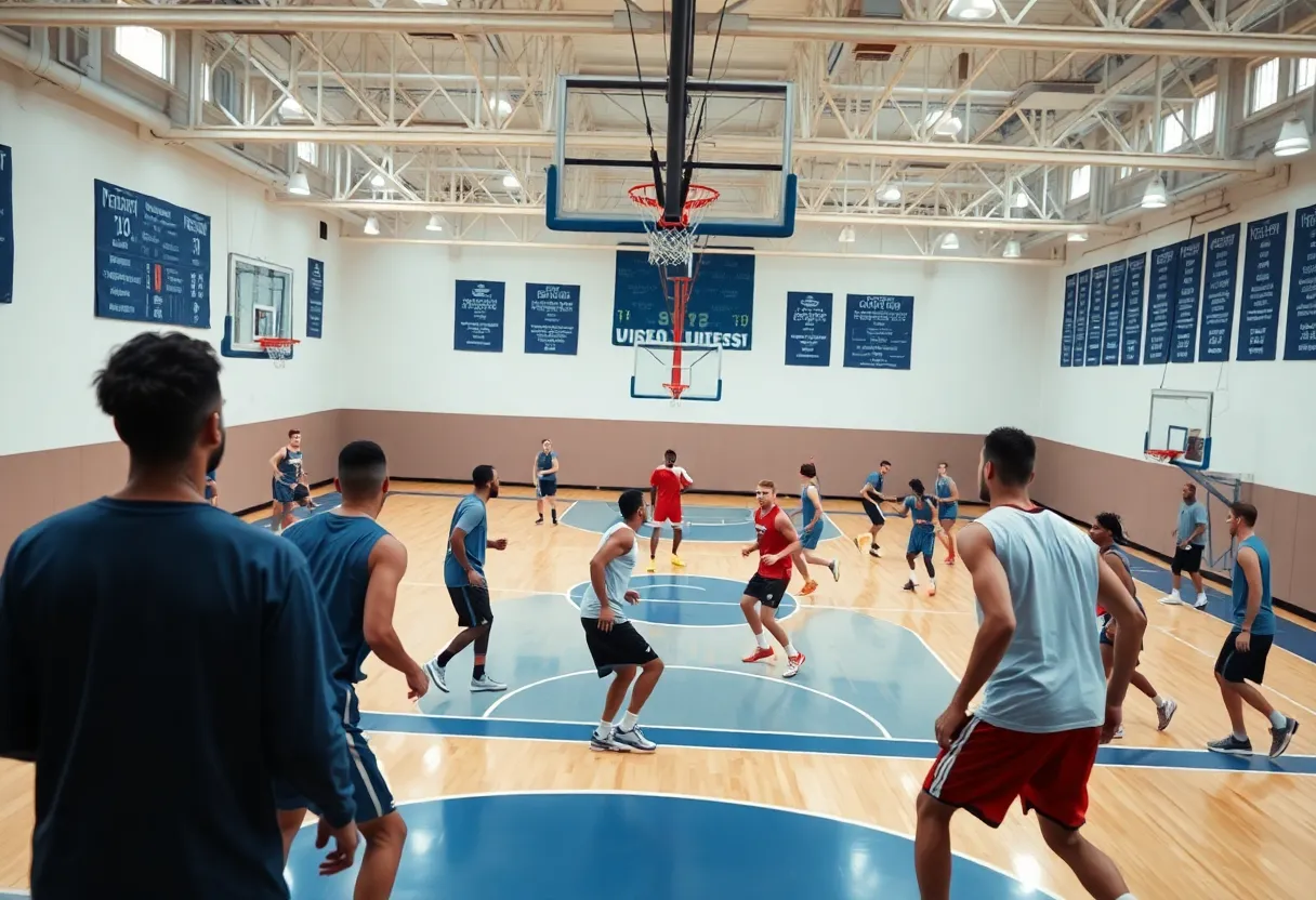Basketball players training on court during preseason