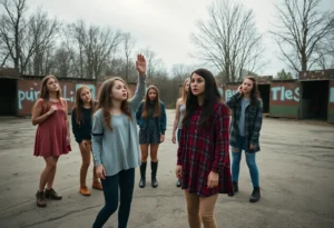 Teenage cast performing Macbeth adaptation at Circle Theatre