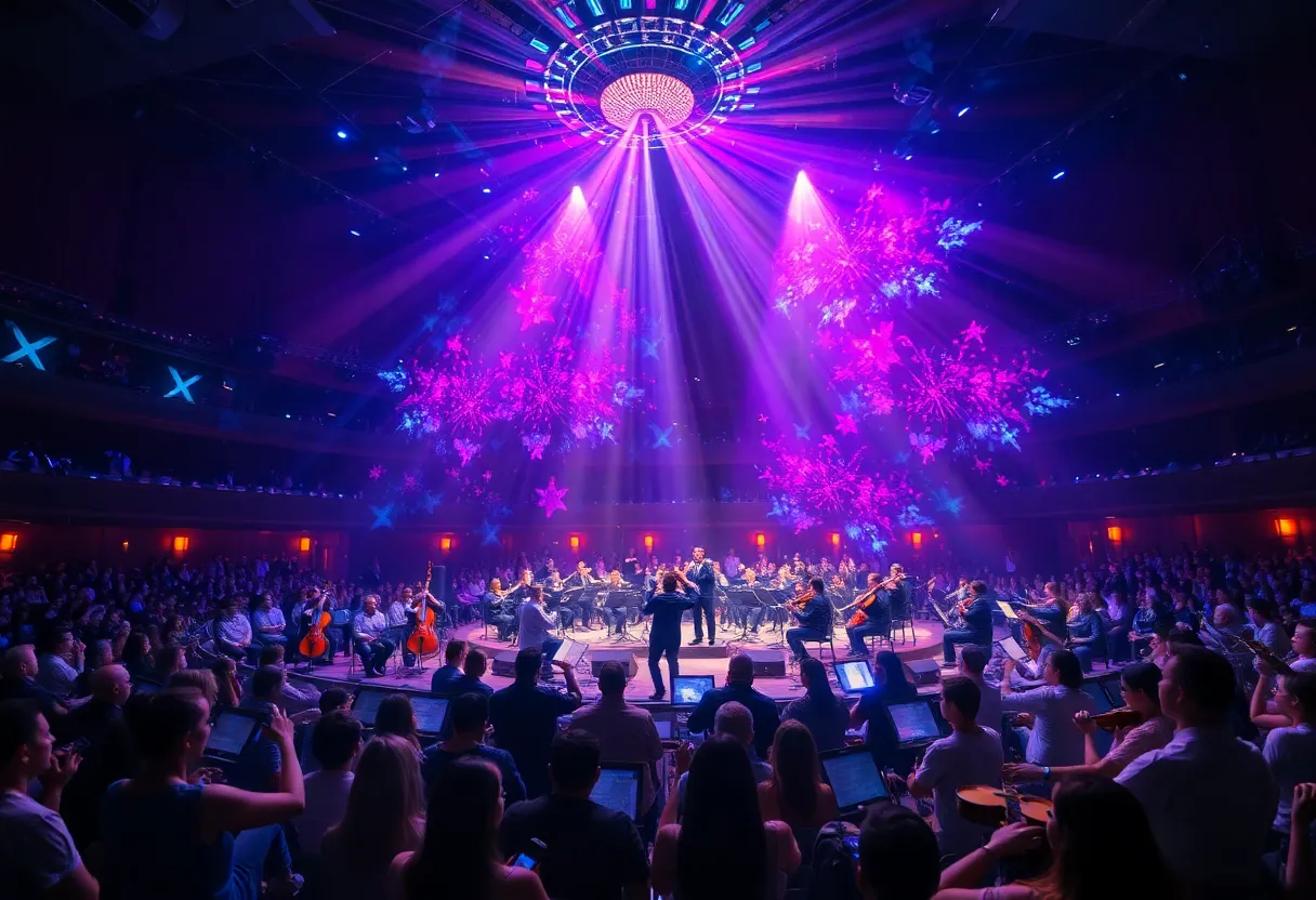 Holographic image of an opera performance with musicians