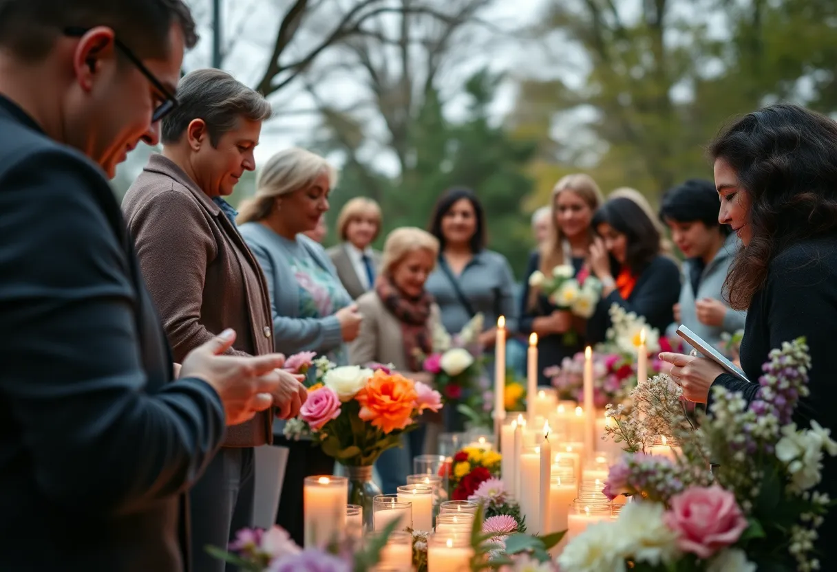 Community gathering in memory of Mary Fox with candles and flowers