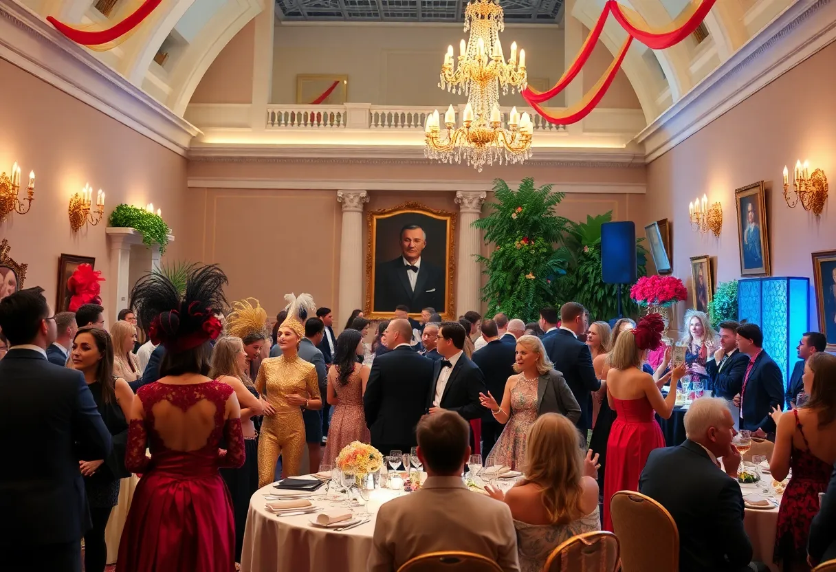 Guests enjoying the Masquerade Gala with festive decorations